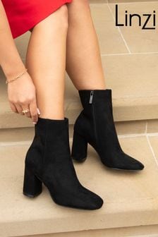 Linzi Black Scout Faux Suede Square Toe Heeled Boots With Side Zip (128685) | $72