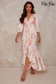 Chi Chi London White Graphic Print Plunge Front Tie Up Satin Maxi Dress (1293J5) | LEI 376