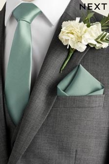 šalvějově zelená - Úzké - Sada hedvábné kravaty a kapesníčku do kapsy saka (130275) | 690 Kč