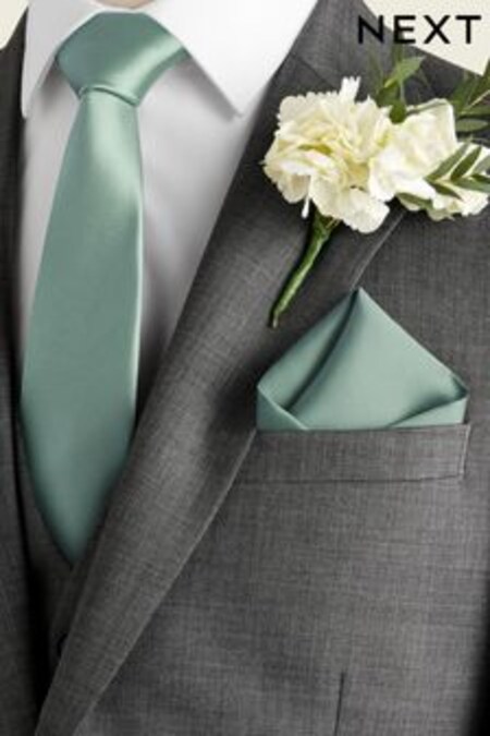 Sage Green Slim Silk Wedding Tie And Pocket Square Set (130275) | kr221