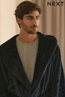 Navy Blue Textured Hooded Fleece Robe (131135) | $56