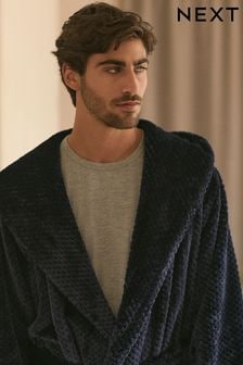 Navy Blue Textured Hooded Fleece Dressing Gown (131135) | $56