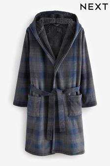 Navy Blue Check Borg Lined Dressing Gown Robe (131138) | $65