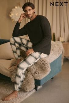 Svart/Sten Check - Cosy Textured Long Sleeve 100% Cotton Pyjamas Set (131737) | kr490