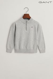 Szary - Bawełniany sweter Gant z krótkim zamkiem i logo z tarczą (132129) | 220 zł