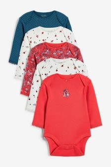 Red Floral 5 Pack Long Sleeve Baby Bodysuits (0mths-3yrs) (132505) | €26 - €29