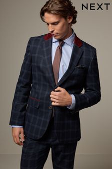 Navy Blue Tailored Fit Check Flannel Suit Jacket (133436) | $153