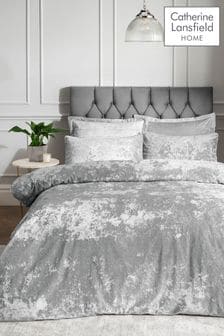 Catherine Lansfield Silver Crushed Velvet Duvet Cover and Pillowcase Set (133551) | AED250 - AED360