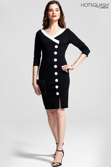 Hotsquash Black 50's Silky Trimmed Button Wiggle Dress