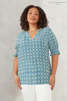 Синяя блузка с мозаичным принтом и присборенными манжетами Live Unlimited Curve (135845) | €34