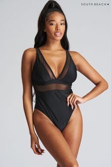 South Beach Black Mesh Plunge Swimsuit (137278) | $58