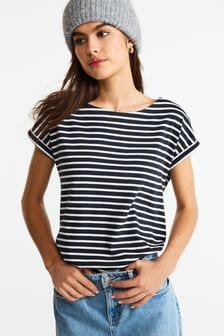 Navy Stripe Round Neck Cap Sleeve T-Shirt (138748) | AED36
