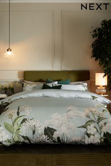 Sage Green 200 Thread Count 100% Egyptian Cotton Sateen Floral Border Duvet Cover and Pillowcase Set