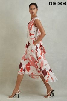 Reiss Red Becci Printed Open Back Midi Dress (140570) | $279