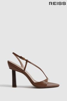 Reiss Tan Joy Leather Clear Strap Block Heels (140576) | AED1,282