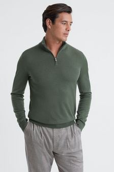 Reiss Ivy Green Blackhall Merino Wool Half-Zip Funnel Neck Jumper (140733) | LEI 809