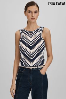 Reiss Navy/Ivory Sabrina Crochet Crew Neck Vest (140954) | €200