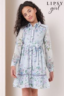 Lipsy Blue Printed Chiffon Trim Shirt Dress (5-16yrs) (141856) | $56 - $69