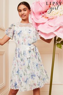 Lipsy White Printed Flutter Sleeve Pleated Occasion Dress (5-16yrs) (142043) | HK$436 - HK$506