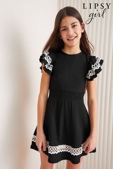 Lipsy Black/White Embroidered Ruffle Sleeve Dress (5-16yrs) (142172) | 184 SAR - 237 SAR