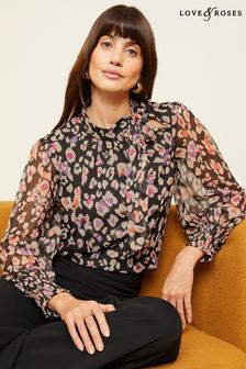Love & Roses Black Animal Long Sleeve Tie Neck Shirred Cuff Blouse (142235) | €49