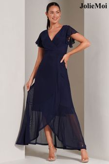 Jolie Moi Blue Racquell Plain Frill Mesh Maxi Dress (142337) | AED438