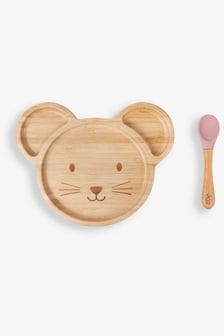 JoJo Maman Bébé Pink Bamboo Suction Mouse Plate & Spoon Set (142604) | R294