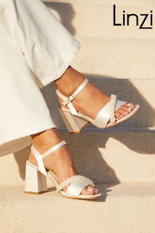 Linzi Iris Satin Block Heels With Pearl Embellished Toe Strap