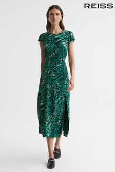 Reiss Green Livia Printed Cut Out Fitted Midi Dress (143979) | OMR126