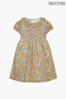 Trotters London Yellow Liberty Print Lemon Elysian Day Smocked Cotton Dress