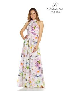 Adrianna Papell Gold Floral Halter Gown (147715) | kr3,232