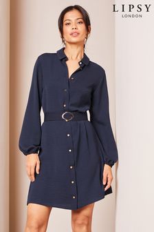 Lipsy Navy Blue Woven Belted Button Through Mini Shirt Dress (147803) | AED176