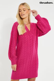 Roz - Rochie groasă tip pulover tricotată cu torsade și decolteu în V Threadbare (148079) | 209 LEI