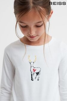 Reiss White Marli Senior Cotton Reindeer Long Sleeve T-Shirt (150338) | OMR15