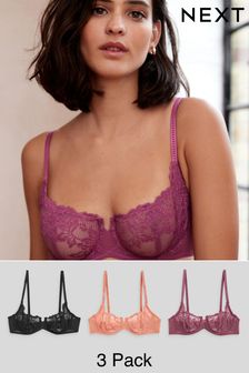 Black/Terracotta/Rose Pink Non Pad Balcony Lace Bras 3 Pack (151020) | OMR15