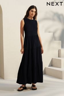 Black Sleeveless 100% Cotton Crew Neck Tiered Summer Maxi Jersey Dress (151081) | $39