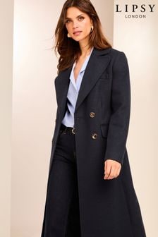 Lipsy Navy Blue Long Line Double Breasted Coat With Wool (151966) | $144