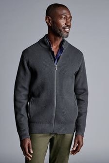 Charles Tyrwhitt Grey Chunky Rib Zip Funnel Neck Cardigan (152098) | $238