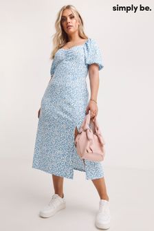 Simply Be Blue Print Ruched Front Waffle Midi Dress With Side Split (152972) | €21