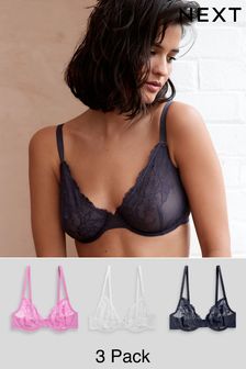 Charcoal Grey/Pink/White Non Pad Full Cup Lace Bras 3 Pack (153077) | 175 SAR