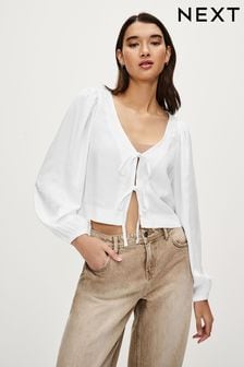 White Tie Front Blouse with Linen (153159) | 81 QAR