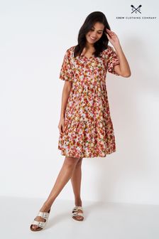 Crew Clothing Company Pink Floral Print Cotton Tiered Dress (153165) | €61