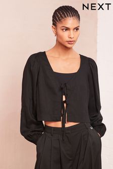 Black Tie Front Blouse with Linen (153186) | $27