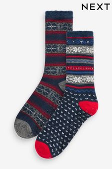 Navy/Grey Fairisle Supersoft Chenille Slipper Socks 2 Pack (153534) | €6