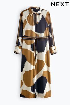 Black/Brown/Ecru Cream Cow Print Long Sleeve Column Midi Dress (154234) | €76