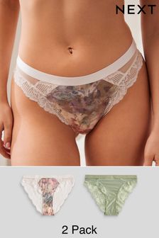 Pink Watercolour Floral Print/Sage Green High Leg Lace Trim Knickers 2 Pack (154661) | SGD 31