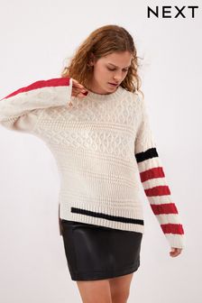 Ecru White with Black/Red Stripes Preen Mixed Cable Stitch Jumper (155938) | 137 zł