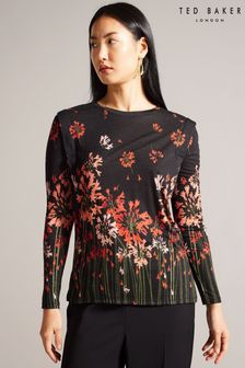 Ted Baker Feonlaa Black Printed Fitted T-Shirt With Shoulder Detail