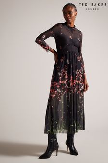 Ted Baker Black Printed Susenaa Mesh Dress With Ruffle Neck (158155) | €199