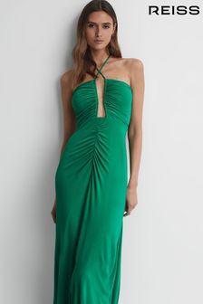 Reiss Green Lana Plunge Halter Neck Maxi Dress (158449) | OMR149